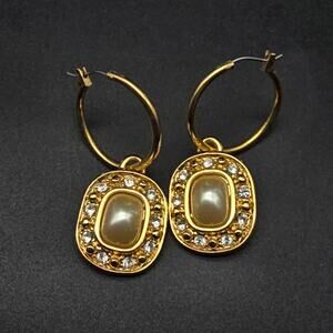 Liz Claiborne Faux Pearl Charm Hoop Earrings Gold Tone Rhinestone 1990s